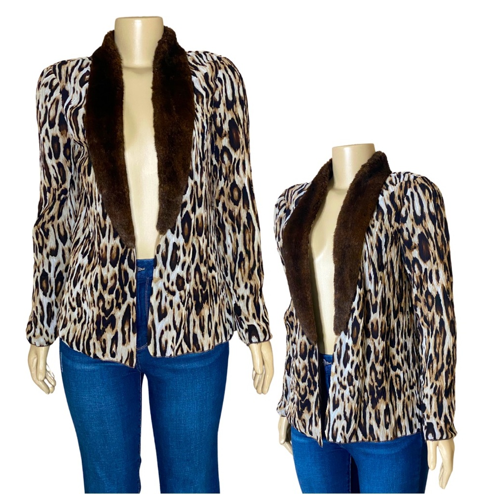 Y2K 90s Mob Wife Leopard Print Chiffon Cardigan faux fur trim Bohemian (S/M)